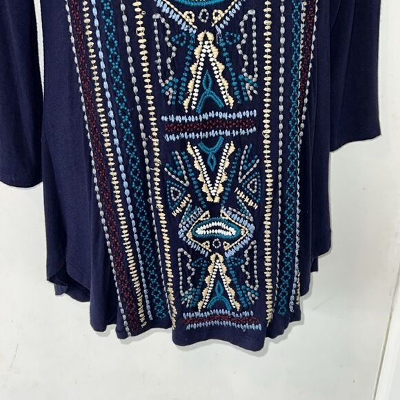CAITE Navy Blue Lightweight 3/4 Sleeve Embroidered V Neck Tunic Top-S - Picture 3 of 9